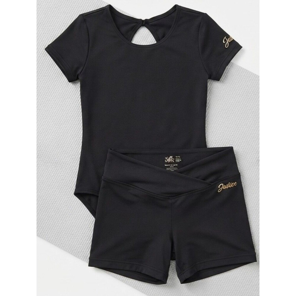 Justice Girls Gymnastics Leotard & Shorts Set Black Twist Back Gold Logo M 10